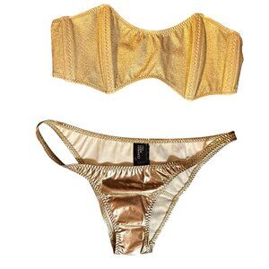Lisa Marie Fernandez Gold Metallic Bandeau Bikini Set - Size 1Top Size 0 Bottoms